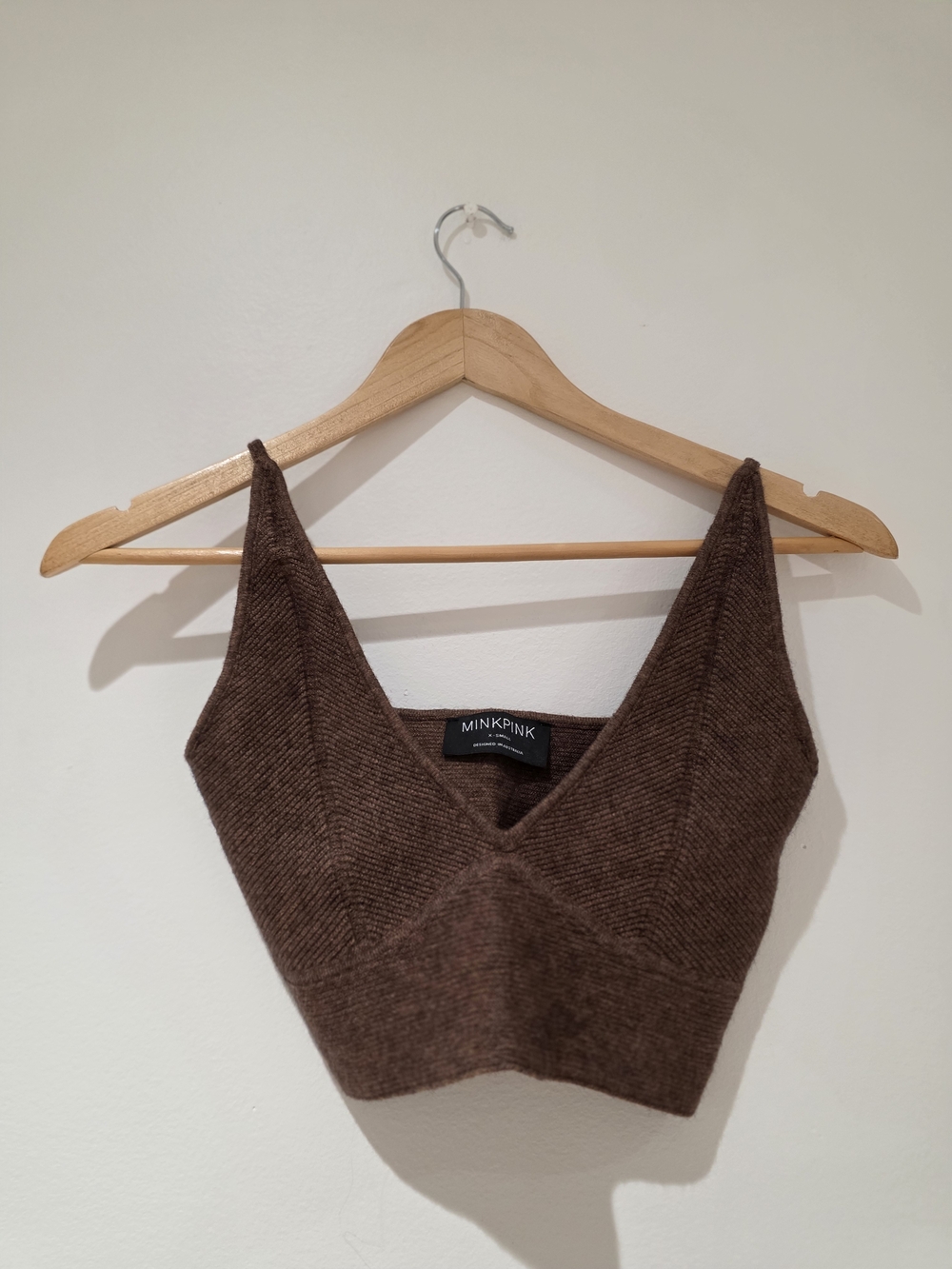 MINKPINK Ribbed V-Neck Crop Top in Chocolate Brown